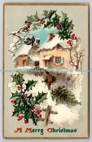 R772379 A Merry Christmas Christmas Tree Village Tuck Holly Post Cards Series No