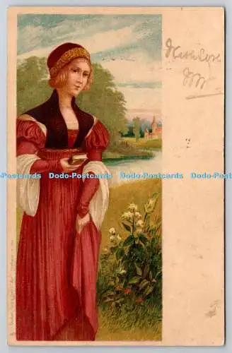 R773516 Woman Dressed i Long Red Dress Book Tuck Art 5719 PM Cardigan 1904