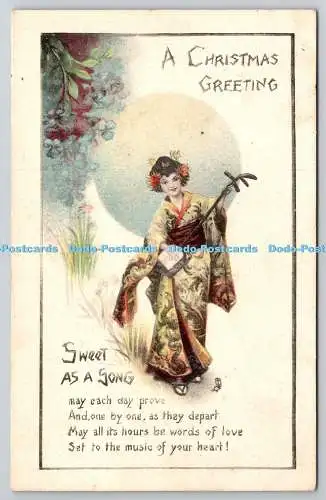 R773892 A Christmas Greeting Sweet as a Song Japanese Girl Tuck Colored Crayon N