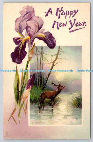 R773972 A Happy New Year Flowers Deer In The Highlands Tuck Kenner Serie N