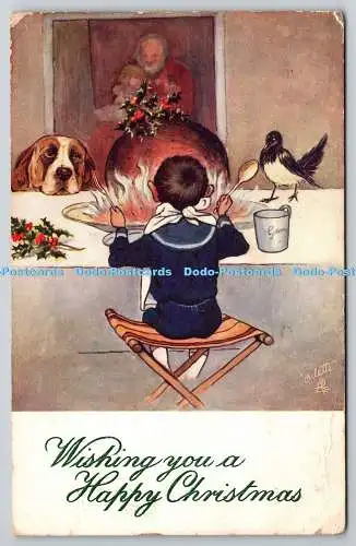 R773990 Wishing You a Happy Christmas Boy Enjoy Meal Dog Bird Tuck Oilette 8281