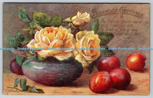 R774035 Geburtstagsgrüße Rosen und Pflaumen Raphael Tuck and Sons Oilette Postwagen