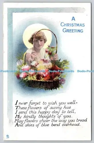 R775872 A Christmas Greetings Woman with Flower Basket Tuck Gem Glosso No C 7401