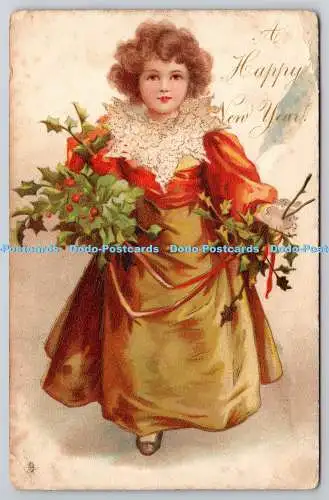 R776001 A Happy New Year Girl With Flowers Tuck Christmas Series 1755 PM Stoke o