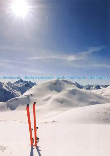 D123839 Rote Ski in den verschneiten Bergen Der Postkartenladen