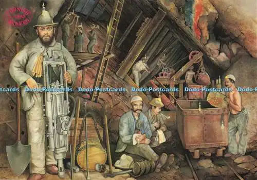 D140475 Ein kornischer Bergmann aus den 1880er Jahren steht umgeben von einer Schaufelbohrung und Plektren