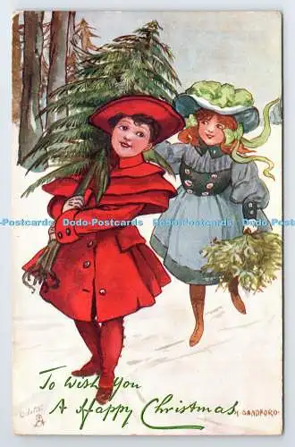 R779289 To Wish You a Happy Christmas Children with Christmas Tree Tuck Oilette