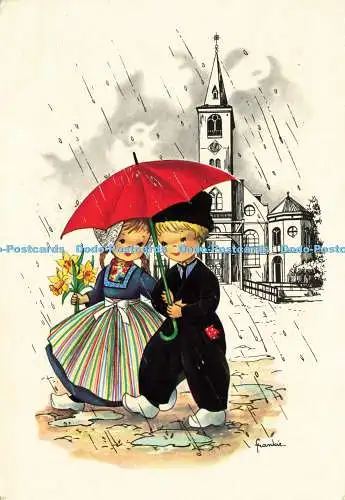 D193194 Kirche Der Junge mit dem Mädchen geht unter den Schirm Frankie Kruger