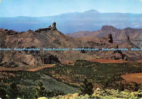 D199586 Tejeda Gran Canaria Blick auf den Roque Nublo mit Vulkan Teide im Hintergrund