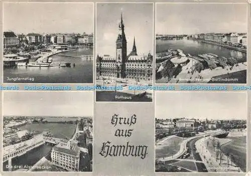 D261299 Gruss aus Hamburg Rathaus Jungernstieg Hans Andres Multi View 1956
