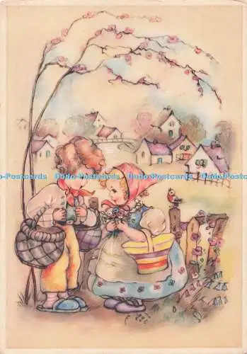 D291615 Mädchen und Junge. im Garten stehen. Coloprint. s.p.r.l. Bruxelles
