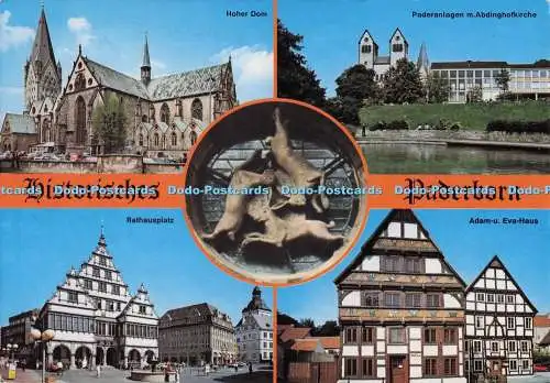 D298036 Historisches Paderborn. Rathausplatz. Adam u. Eva Haus. Hoher Dom. Wolfg