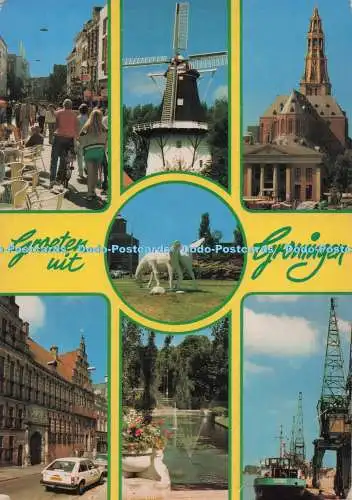 D298731 Groeten uit Groningen. Stadtplatz. Windmühle. Kanal und Brunnen. Statue