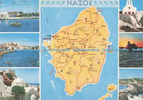 D298761 Naxos. Blick auf den Strand. Stadt. Kirche. Delta. Multi View. 1974