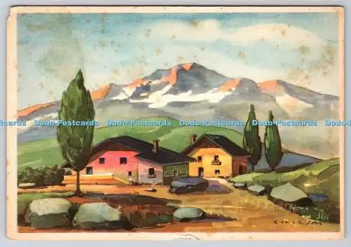 D301951 Gemälde Ansicht Dorfhaus und Berge N M M Italien