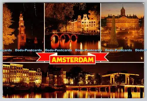 D302100 Amsterdam Stadtblick bei Nacht Brücke Schloss Uhrturm Euro Colo