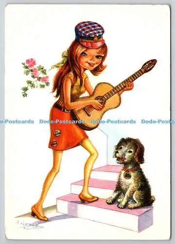 D305891 Großäugiges Mädchen mit Gitarre und Hund Spanien Vintage Karte