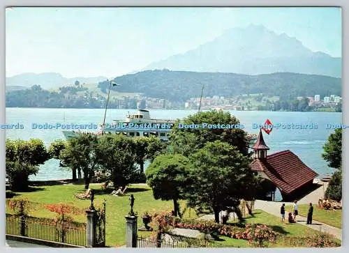 D312078 Luzern. Hotels Seeburg. Gärten. Bootshaus und Pilatusberg. Keller