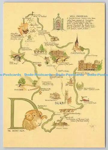 D318128 Karte. Derbyshire. P.V. Designs. E. T. W. Dennis. Scarborough. Postkarte