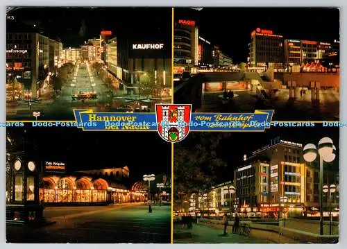 D315619 Hannover bei Nacht vom Bahnhof zur Kropcke. Schoning und Gebrüder Schmid