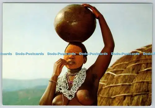 D320460 Südafrika. Stammesleben. Eine junge Zulu-Mädchen trägt Wasser in der Tra