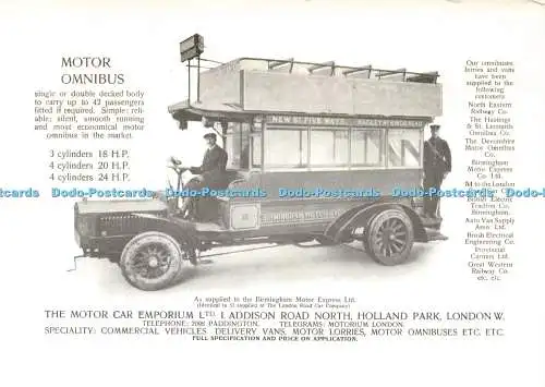 D236410 Motor Omnibus The Motor Car Emporium Britannia Post Card Series No 3 M F