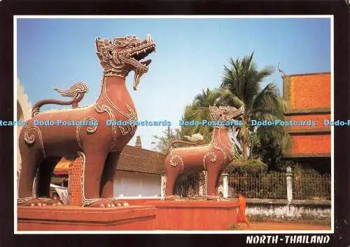 D234528 Nordthailand Zwillingslöwen am Tor des Wat Phra Thaad Haripoonchai Lam