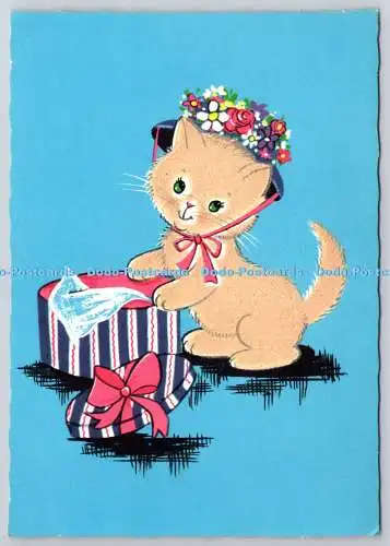D321328 Katze mit Hut und Box. Krüger. Westdeutschland. Postkarte