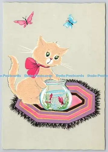 D321330 Katze mit Fischnapf und Schmetterlingen. Krüger. Westdeutschland. Postkarte