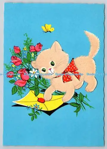D321332 Katze mit gelbem Umschlag und Rosen. Krüger. Westdeutschland. Postkarte