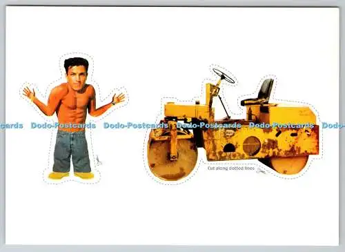 D328776 Entlang gepunkteter Linien geschnitten. Halbnackter Kerl und Road Roller. Kommentarkarten. B