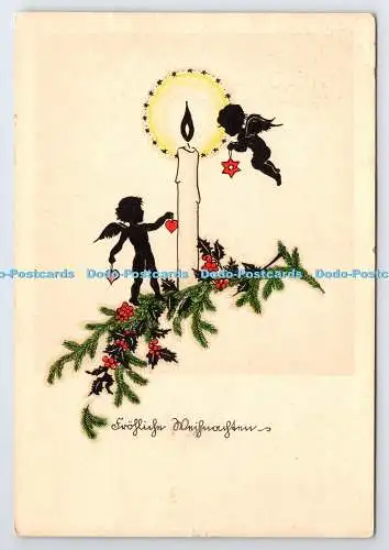 D334733 Zwei Engel mit Herzen. Kerze. Postkarte