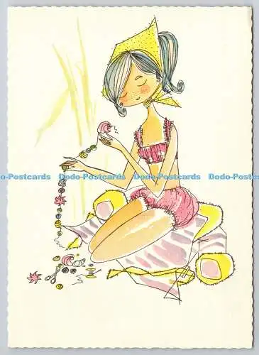 D329476 Das Mädchen fertigt eine Halskette aus Perlen. N. 3394. Postkarte