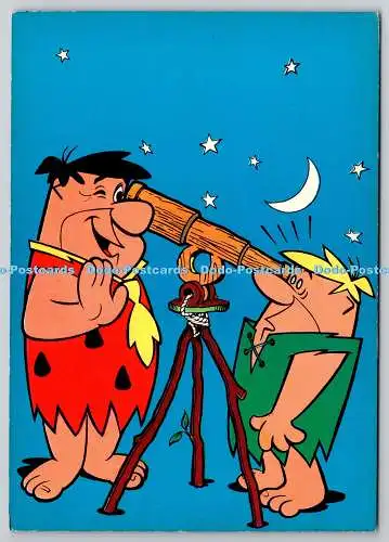 D329591 Fred und Barney erkunden ein Teleskop. Fred Wilma und Pebbles Flinstone.