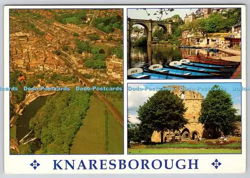 D332801 Knaresborough. Luftaufnahme der Stadt. Knaresborough Castle. Bootfahren auf Riv