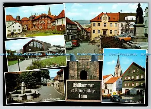 D332892 Willkommen im Rhonstodtchen Tann. Rhonhalle. Am Rathaus. Schlossbrunnen.