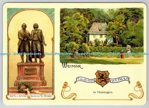 D333065 Gruss aus Weimar. Goethe und Schiller Denkmal mit Goethes Gartenhaus um