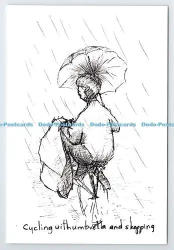D335969 Radfahren mit Regenschirm und Einkaufen. W. Barry Woodward. Abakus
