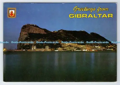 D338646 Grüße aus Gibraltar. Nachtansicht des Felsens von Gibraltar. Rock Photogra