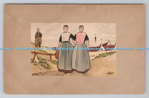 R804196 Zwei Frauen stehen draußen Aquarell Serie PM Lowestoft 1907