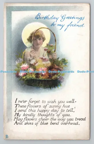 R804649 Geburtstagsgrüße an meinen Freund. Frauenkorb mit Blumen halten. Mond. T