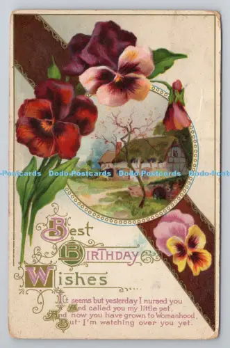 R805047 Beste Geburtstagswünsche. Dorfhaus mit Garten. Blumen