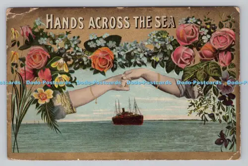 R808393 Hände übers Meer. Blumen. Schiff im Meer. T. E. L. Theochrom Serie