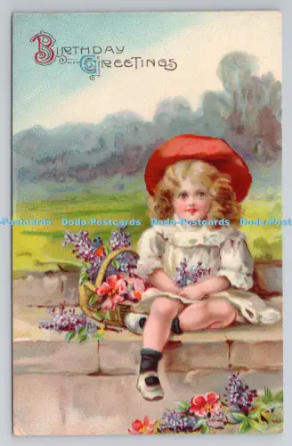 R806671 Geburtstagsgrüße. Mädchen mit Blumen. Gedruckt in Deutschland