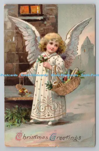 R805947 Weihnachtsgrüße. Mädchen mit Flügeln mit Korb. Gedruckt in Deutschland