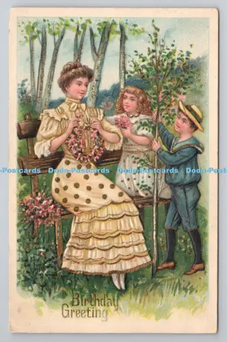 R805948 Geburtstagsgrüße. Frau und Kinder sitzen auf dem Stuhl. 1911