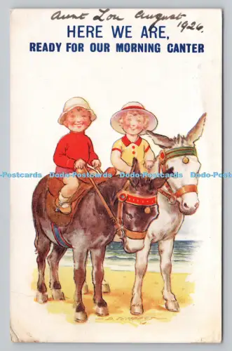 R809323 Hier sind wir. Bereit für unseren morgendlichen Galopp. Kinder und Esel. Bamfort