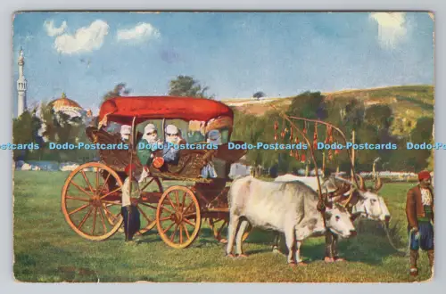 R806144 Ein von Ochsen gezogener Wagen mit verschleierter Frau und einer Moschee im Hintergrund. Dr.