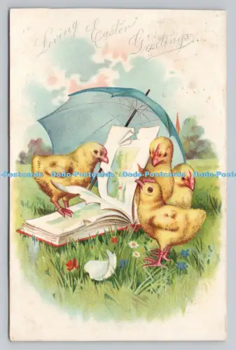 R807831 Liebevolle Ostergrüße. Küken mit Buch und Unmbrella. Stecken. Osterpo