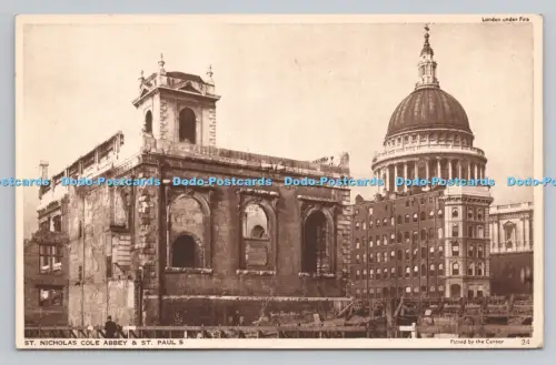 R807856 St. Nicholas Cole Abbey and St. Paul. London Under Fire. Photochrom. Roy